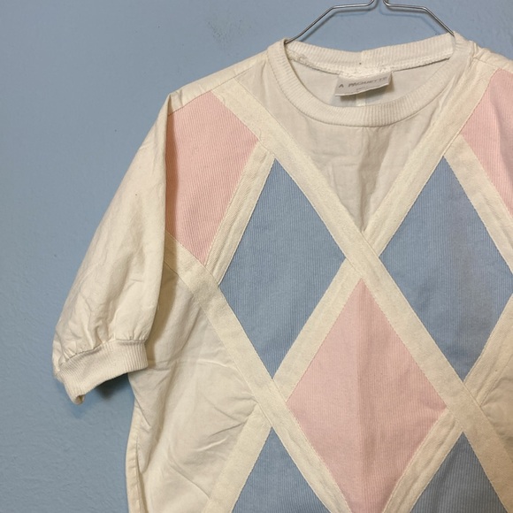 Vintage A Paquette Womens Sz S Blue Pink Patchwork Front Short Sleeve White Tee - Picture 2 of 12